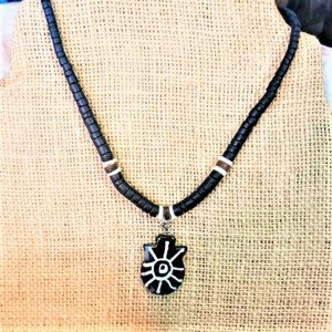 Vintage Tribal Painted Bone Pendant with Coconut Heishi & Puka Shell Cho…